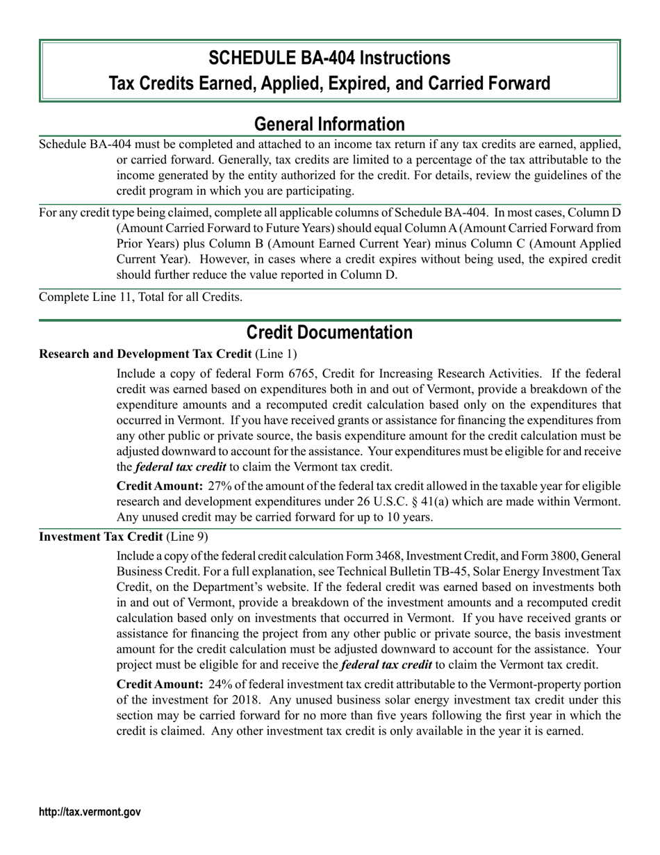 Instructions for Schedule BA-404 Tax Credits Earned, Applied, Expired, and Carried Forward - Vermont, Page 1