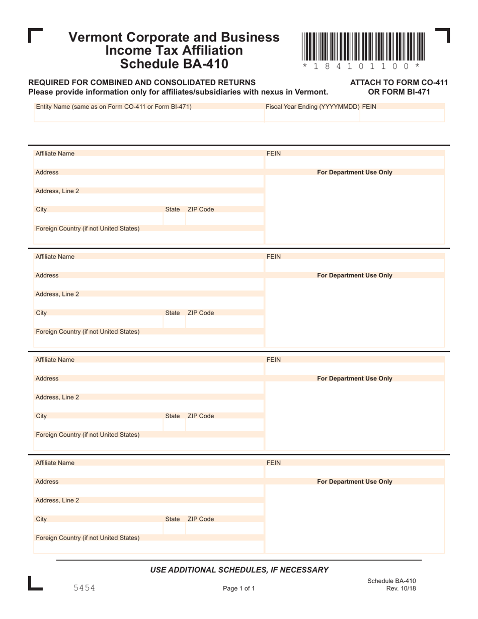 Schedule BA-410 Corporate and Business Income Tax Affiliation - Vermont, Page 1