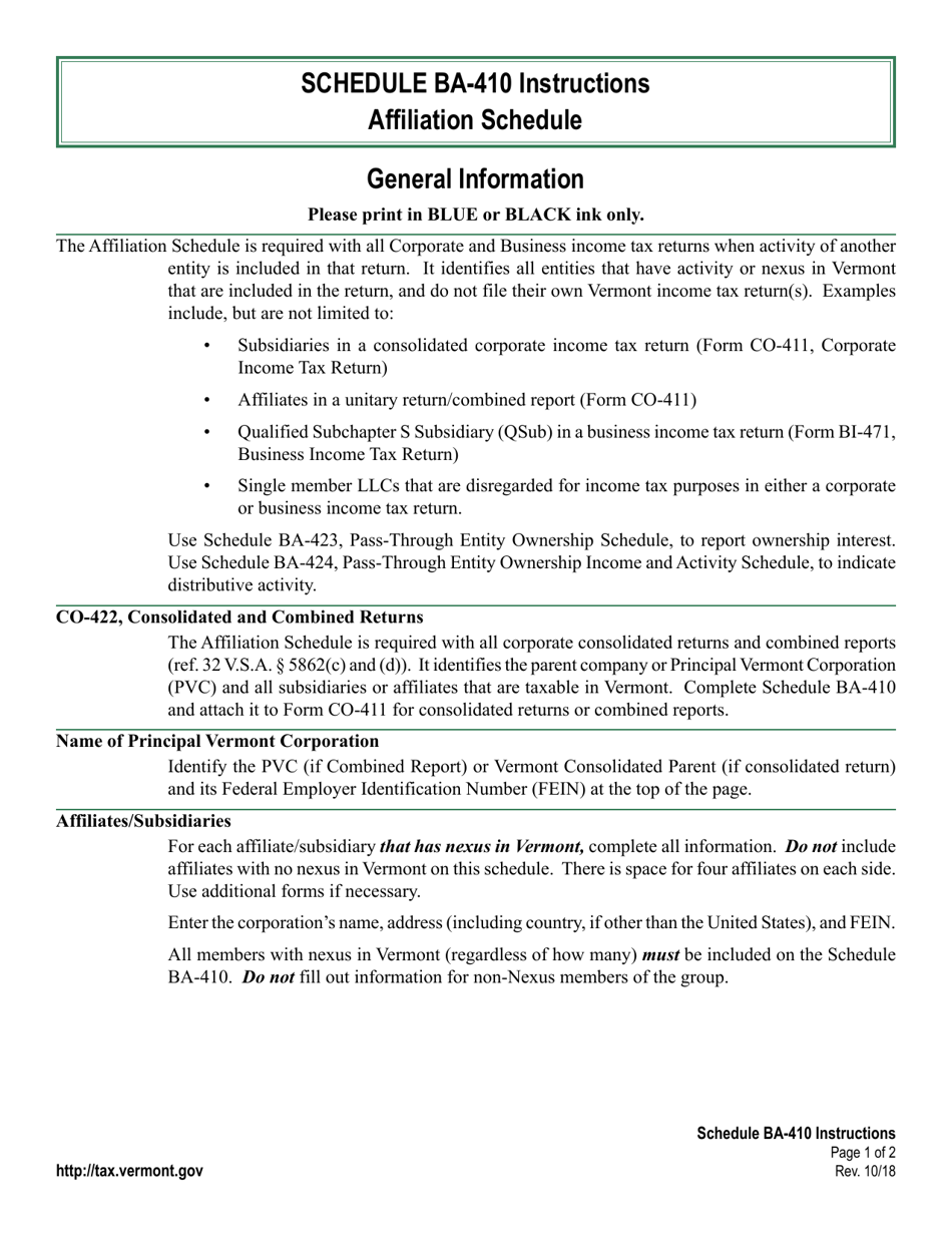 Instructions for Schedule BA-410 Affiliation Schedule - Vermont, Page 1