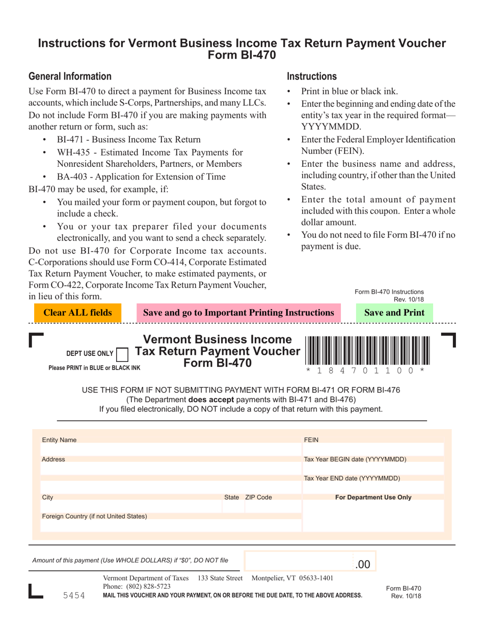 VT Form BI-470 Business Income Tax Return Payment Voucher - Vermont, Page 1