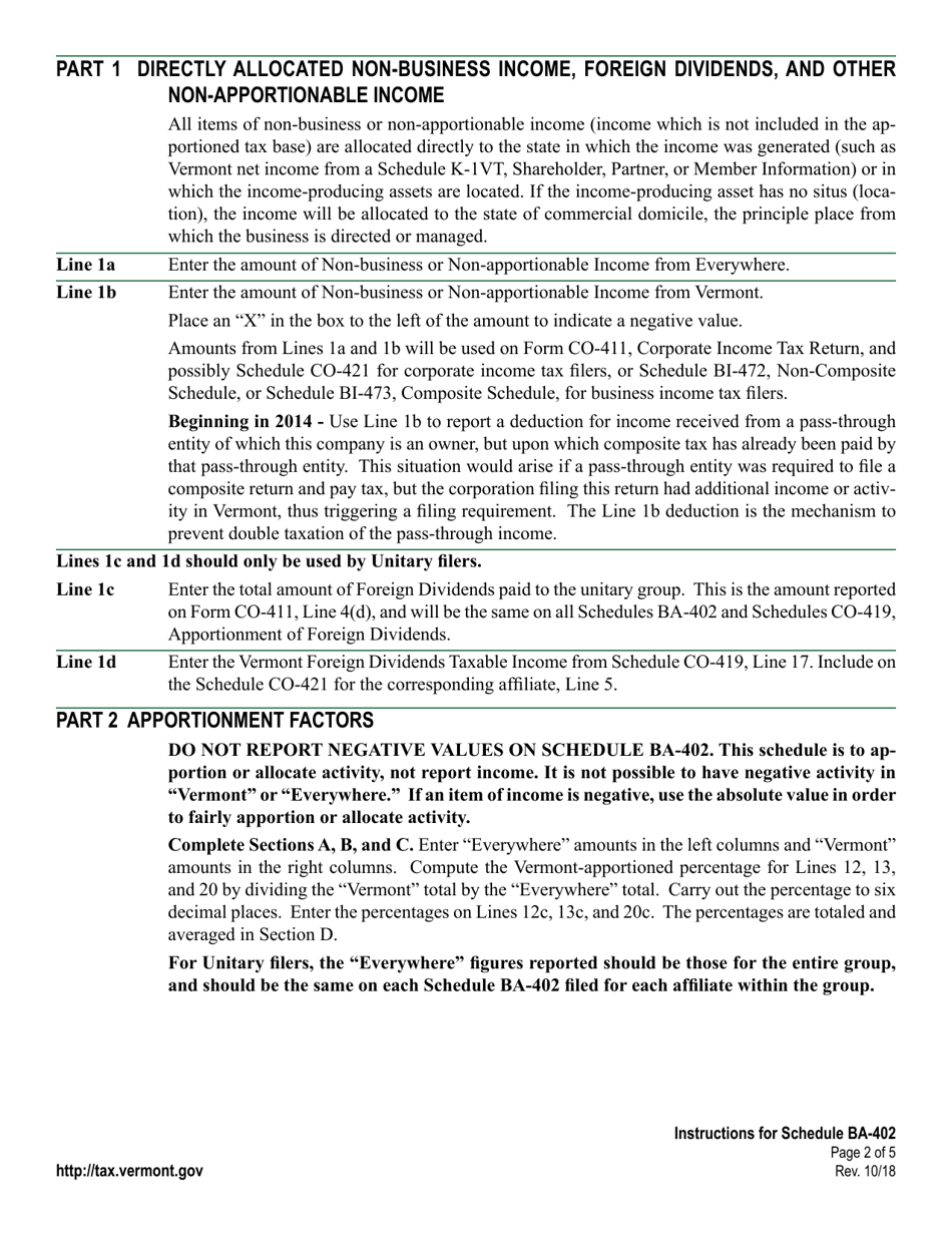 Instructions for Schedule BA-402 Apportionment  Allocation Schedule - Vermont, Page 2