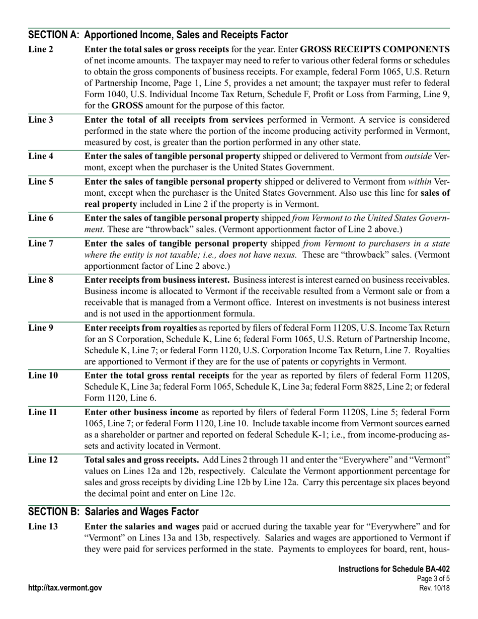 Instructions for Schedule BA-402 Apportionment  Allocation Schedule - Vermont, Page 3