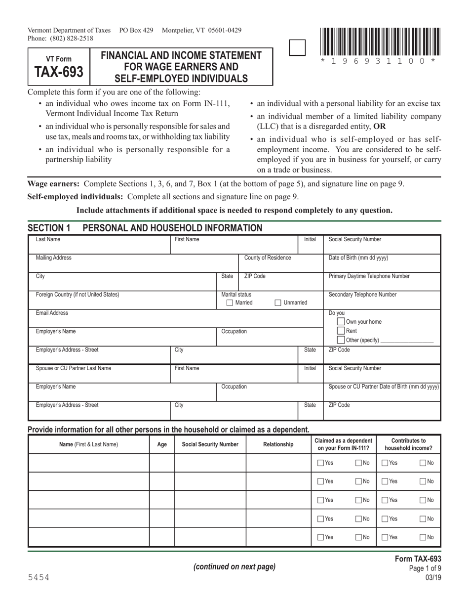 VT Form TAX-693 Financial and Income Statement for Wage Earners and Self-employed Individuals - Vermont, Page 1