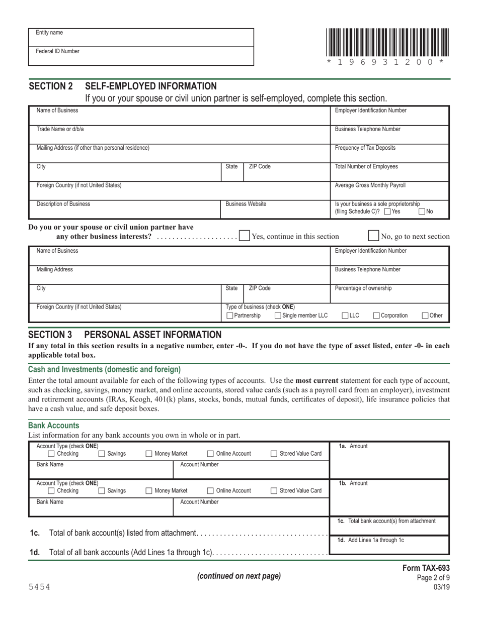 VT Form TAX-693 Financial and Income Statement for Wage Earners and Self-employed Individuals - Vermont, Page 2