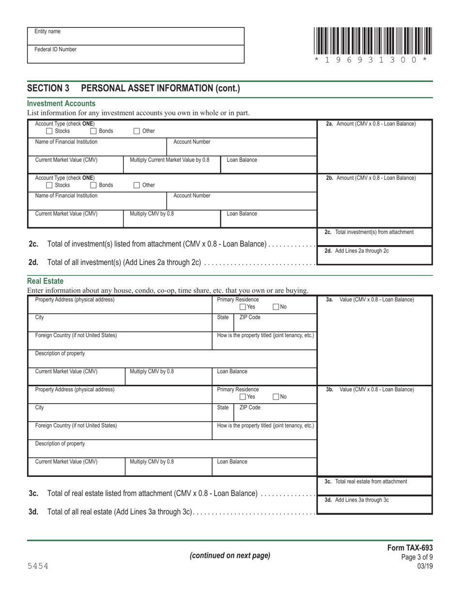 VT Form TAX-693 Financial and Income Statement for Wage Earners and Self-employed Individuals - Vermont, Page 3