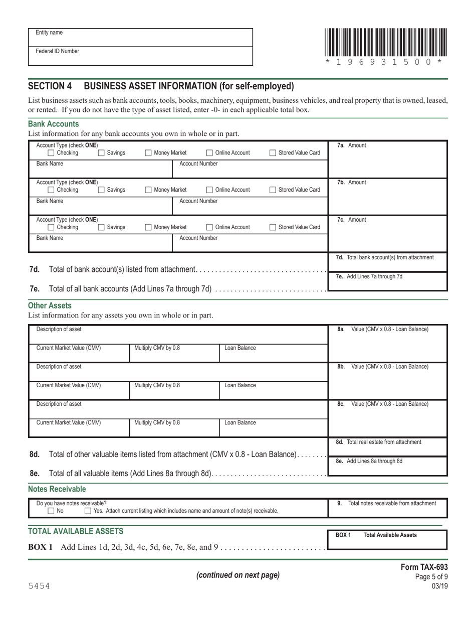 VT Form TAX-693 Financial and Income Statement for Wage Earners and Self-employed Individuals - Vermont, Page 5