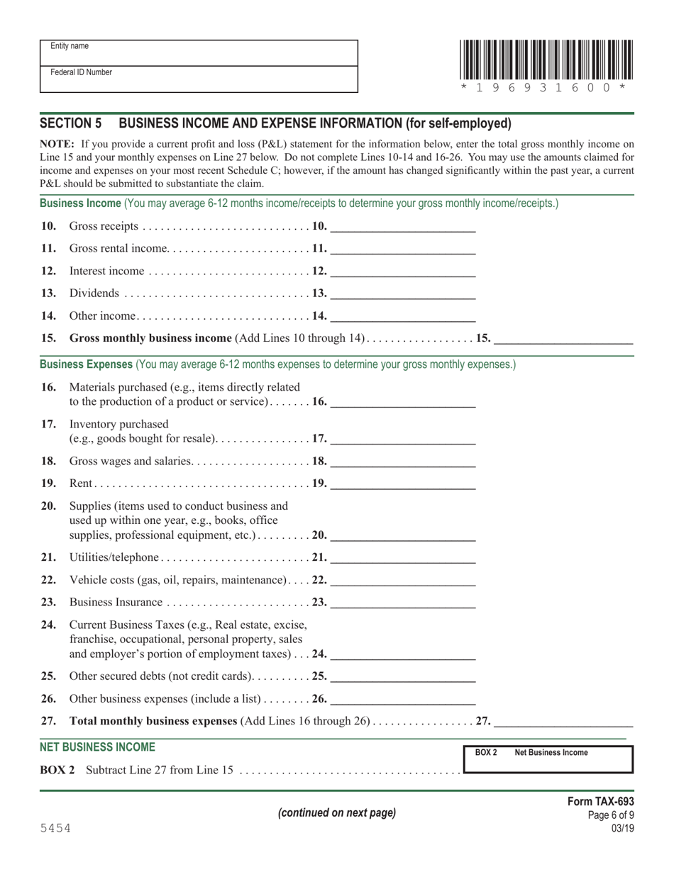 VT Form TAX-693 Financial and Income Statement for Wage Earners and Self-employed Individuals - Vermont, Page 6