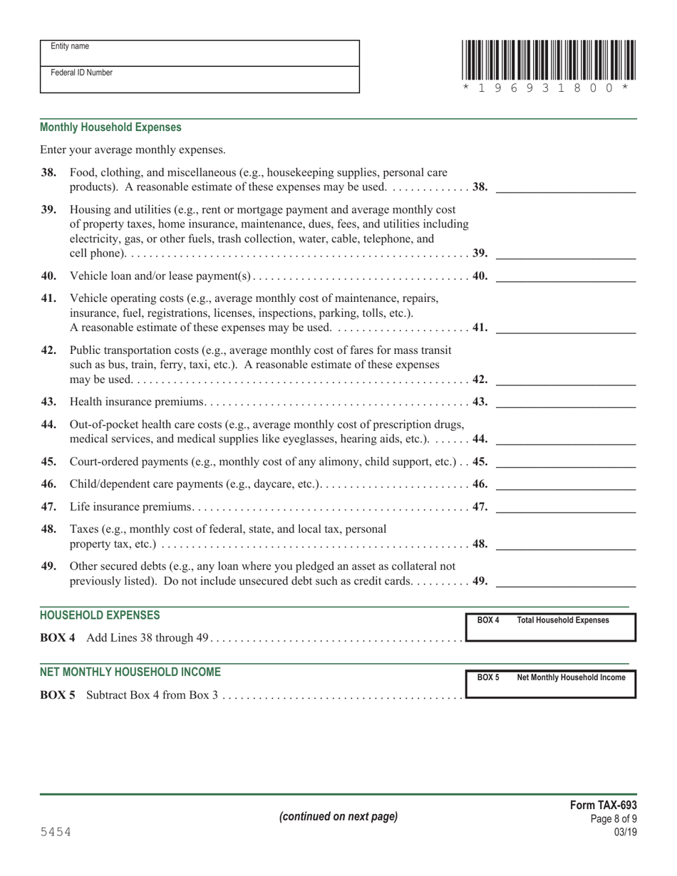 VT Form TAX-693 Financial and Income Statement for Wage Earners and Self-employed Individuals - Vermont, Page 8