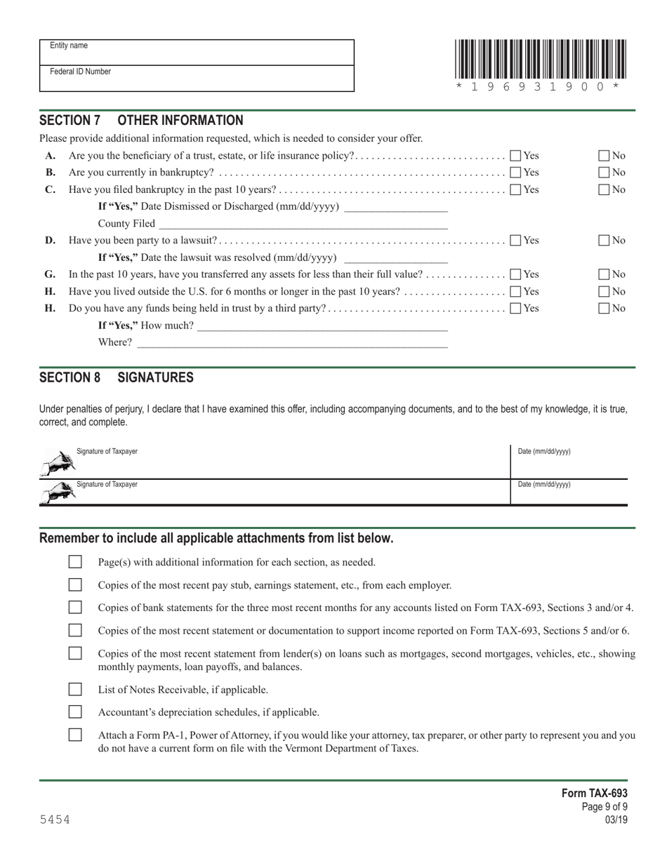 VT Form TAX-693 Financial and Income Statement for Wage Earners and Self-employed Individuals - Vermont, Page 9