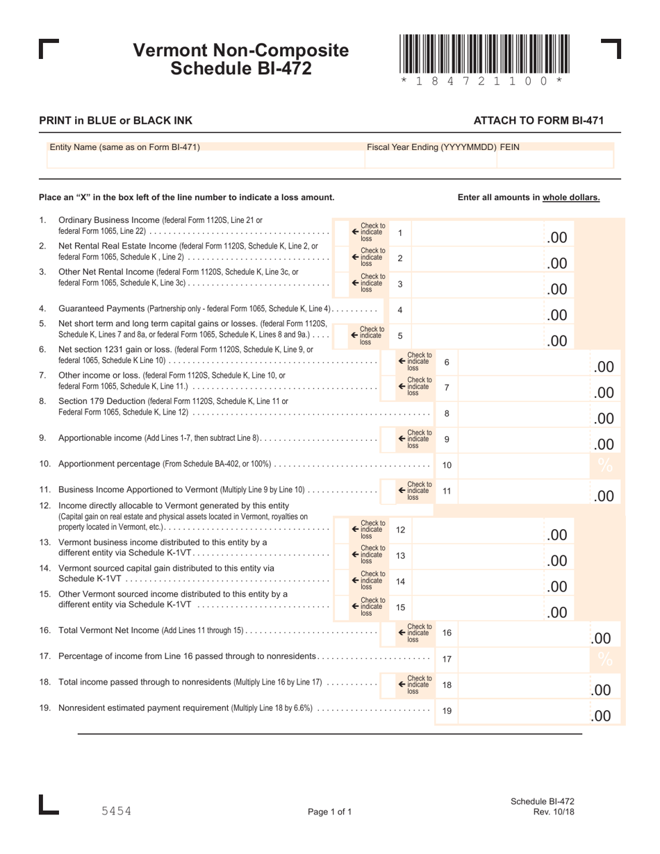 Schedule BI-472 Non-composite Schedule - Vermont, Page 1