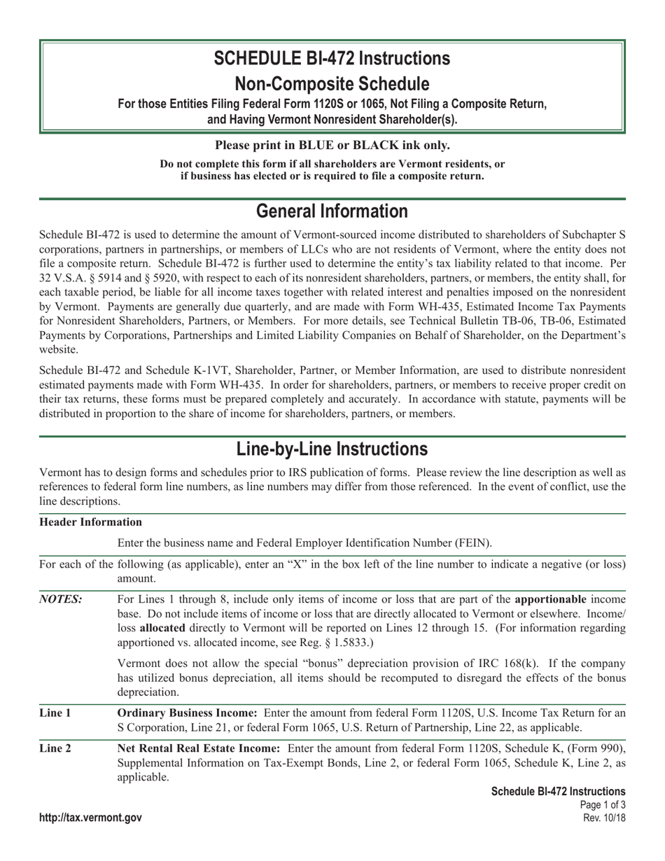 Instructions for Schedule BI-472 Non-composite Schedule - Vermont, Page 1