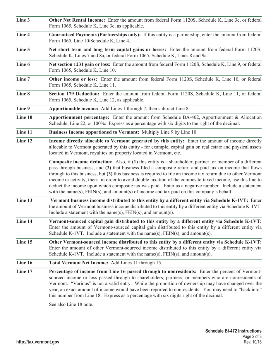 Instructions for Schedule BI-472 Non-composite Schedule - Vermont, Page 2