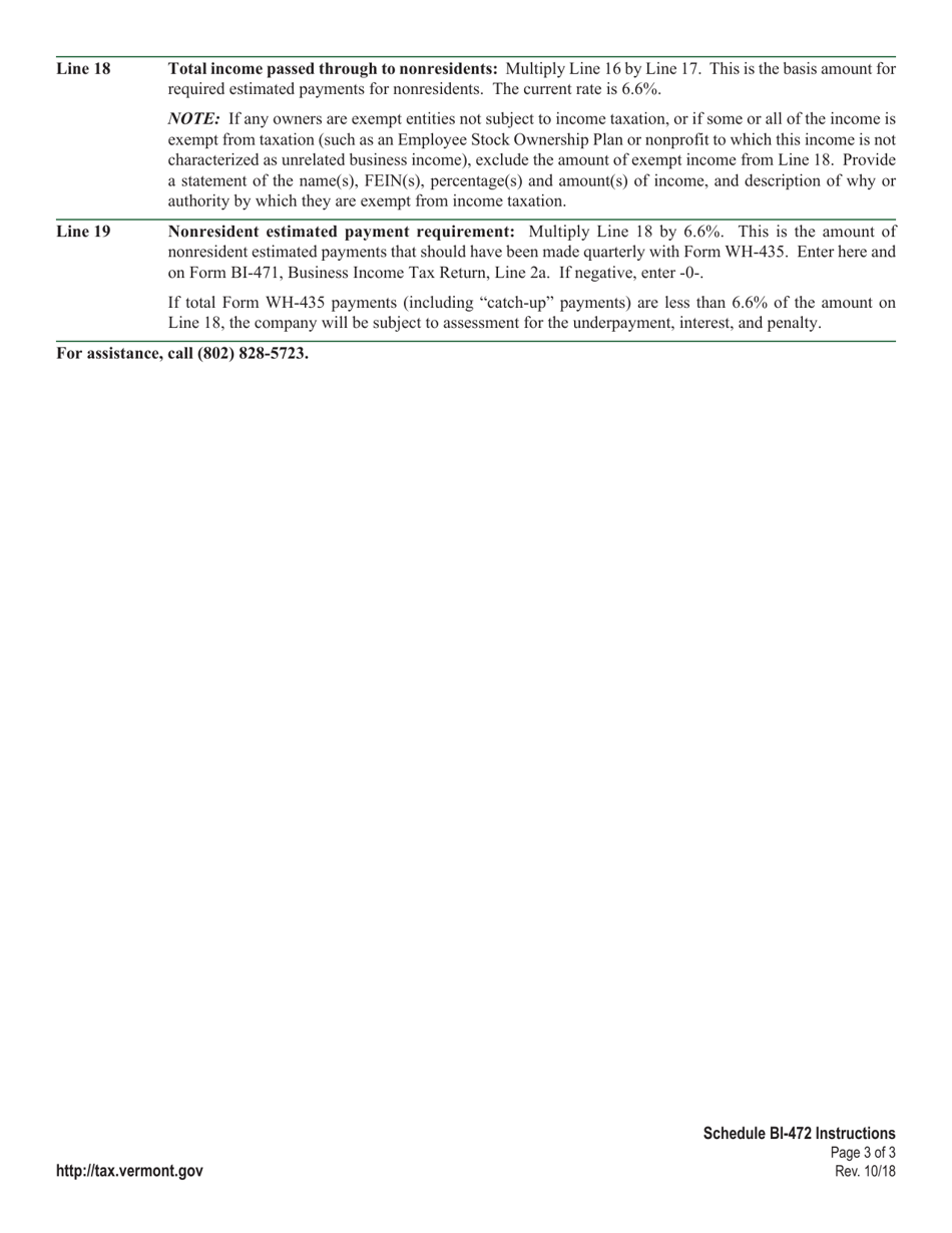 Instructions for Schedule BI-472 Non-composite Schedule - Vermont, Page 3
