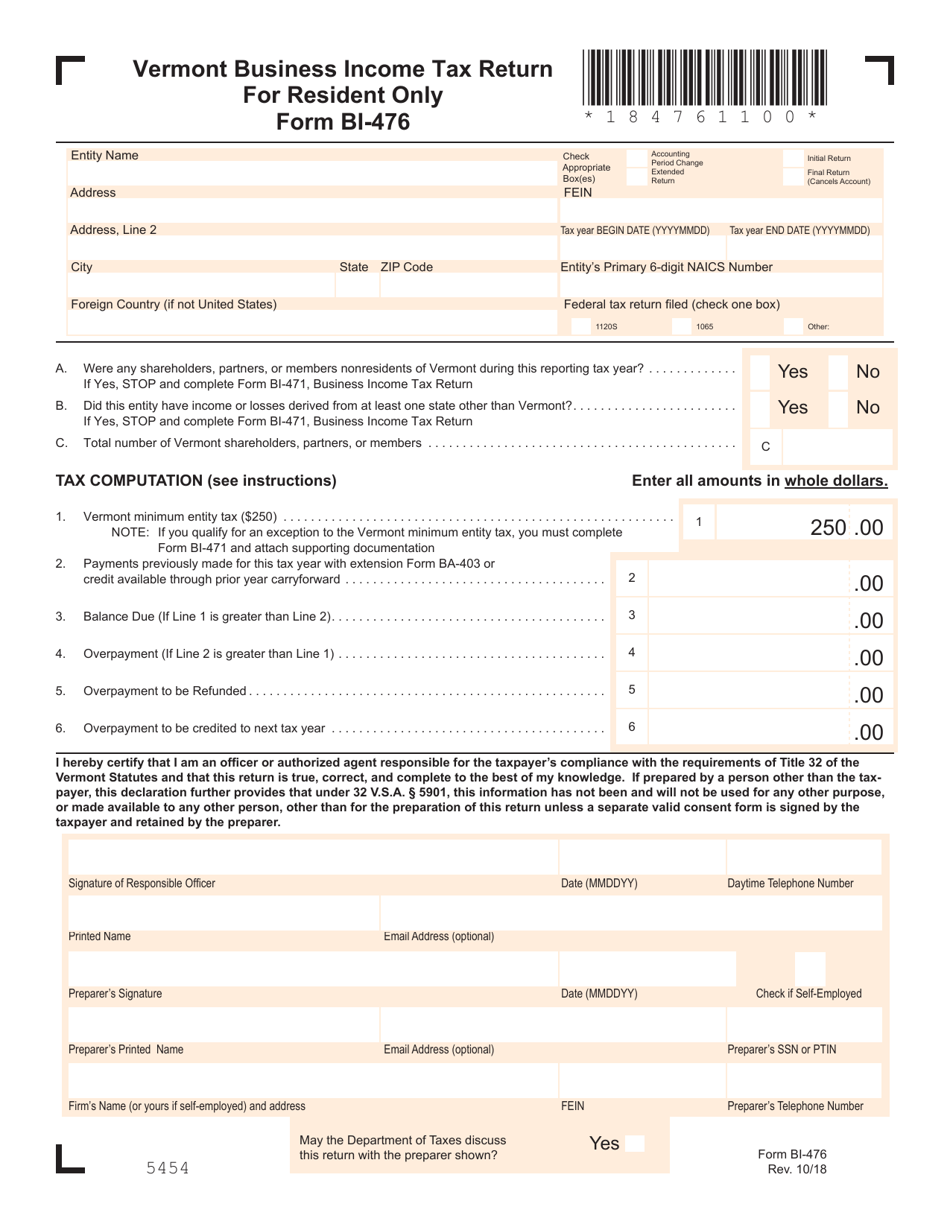 VT Form BI-476 Business Income Tax Return for Resident Only - Vermont, Page 1