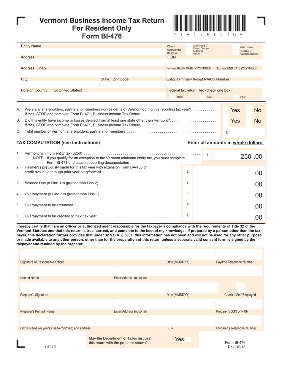 VT Form BI476 Fill Out, Sign Online and Download Printable PDF
