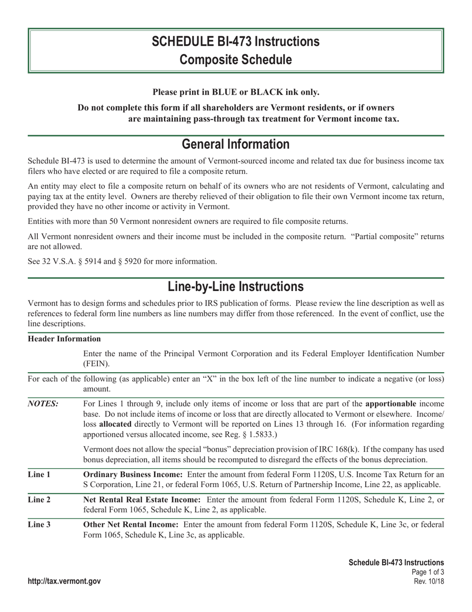 Instructions for Schedule BI-473 Composite Schedule - Vermont, Page 1