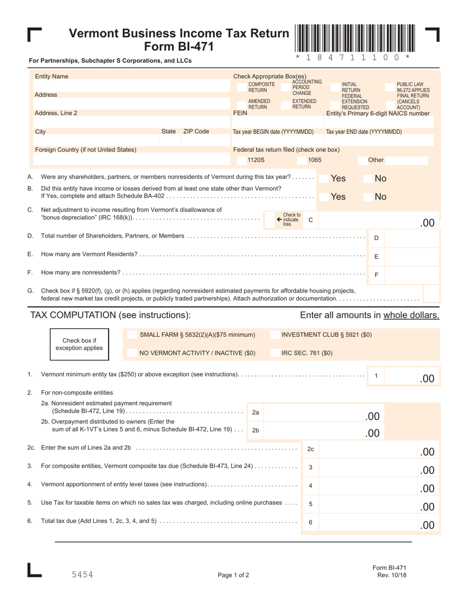 VT Form BI-471 Business Income Tax Return - Vermont, Page 1