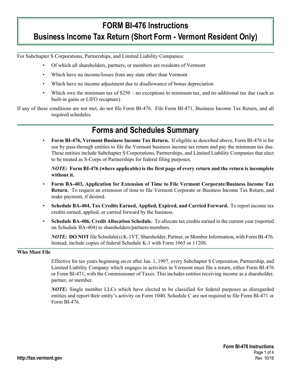 Instructions for VT Form BI-476 Business Income Tax Return (Short Form - Vermont Resident Only) - Vermont, Page 1
