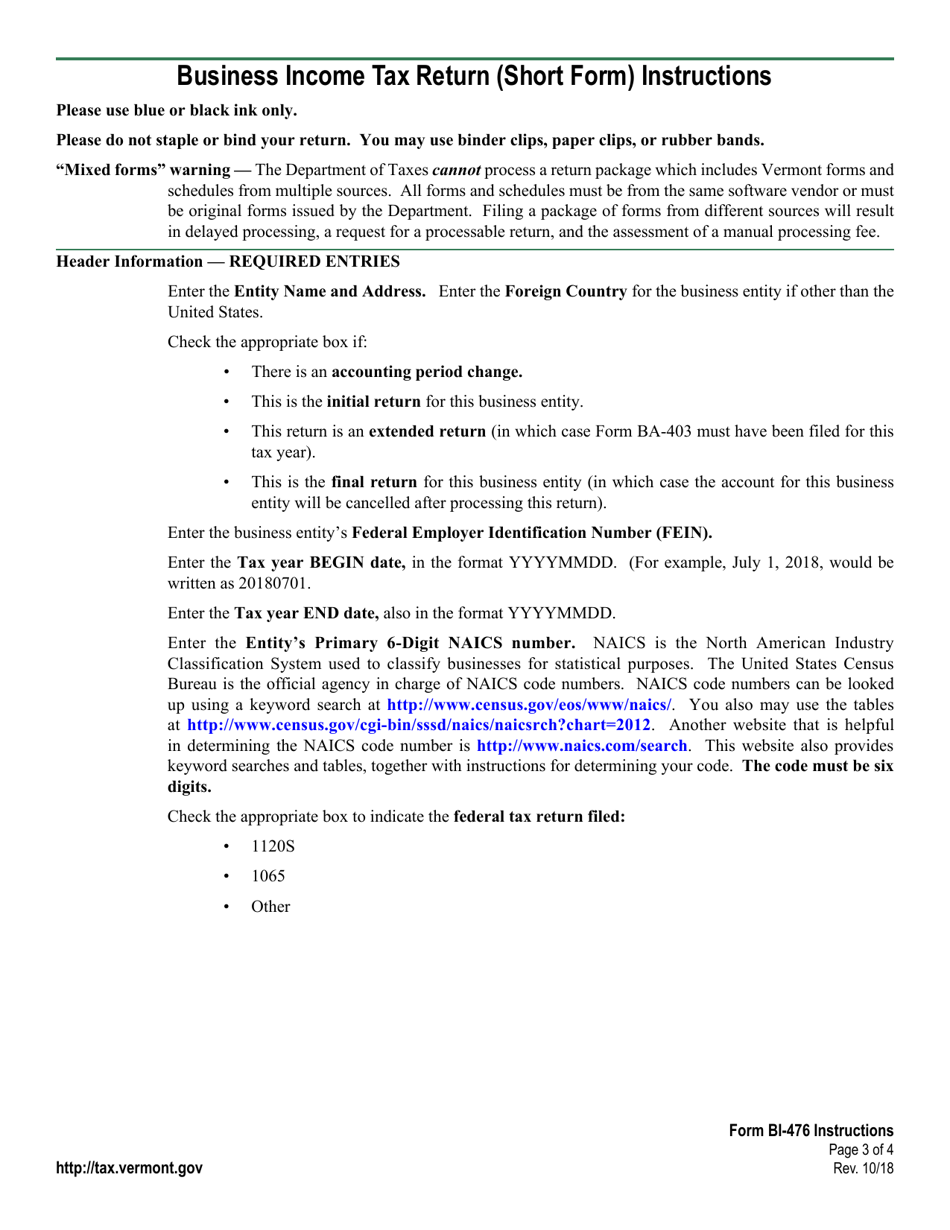 Instructions for VT Form BI-476 Business Income Tax Return (Short Form - Vermont Resident Only) - Vermont, Page 3