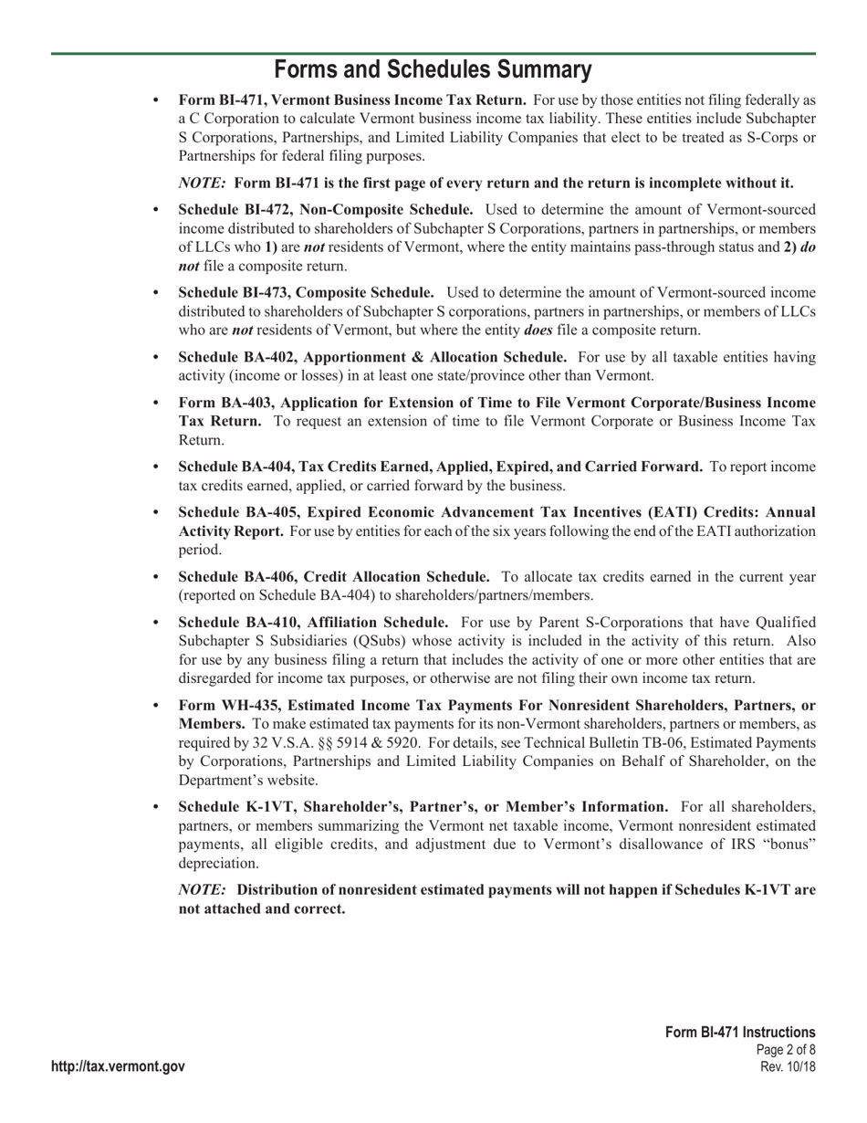 Instructions for VT Form BI-471 Business Income Tax Return - Vermont, Page 2