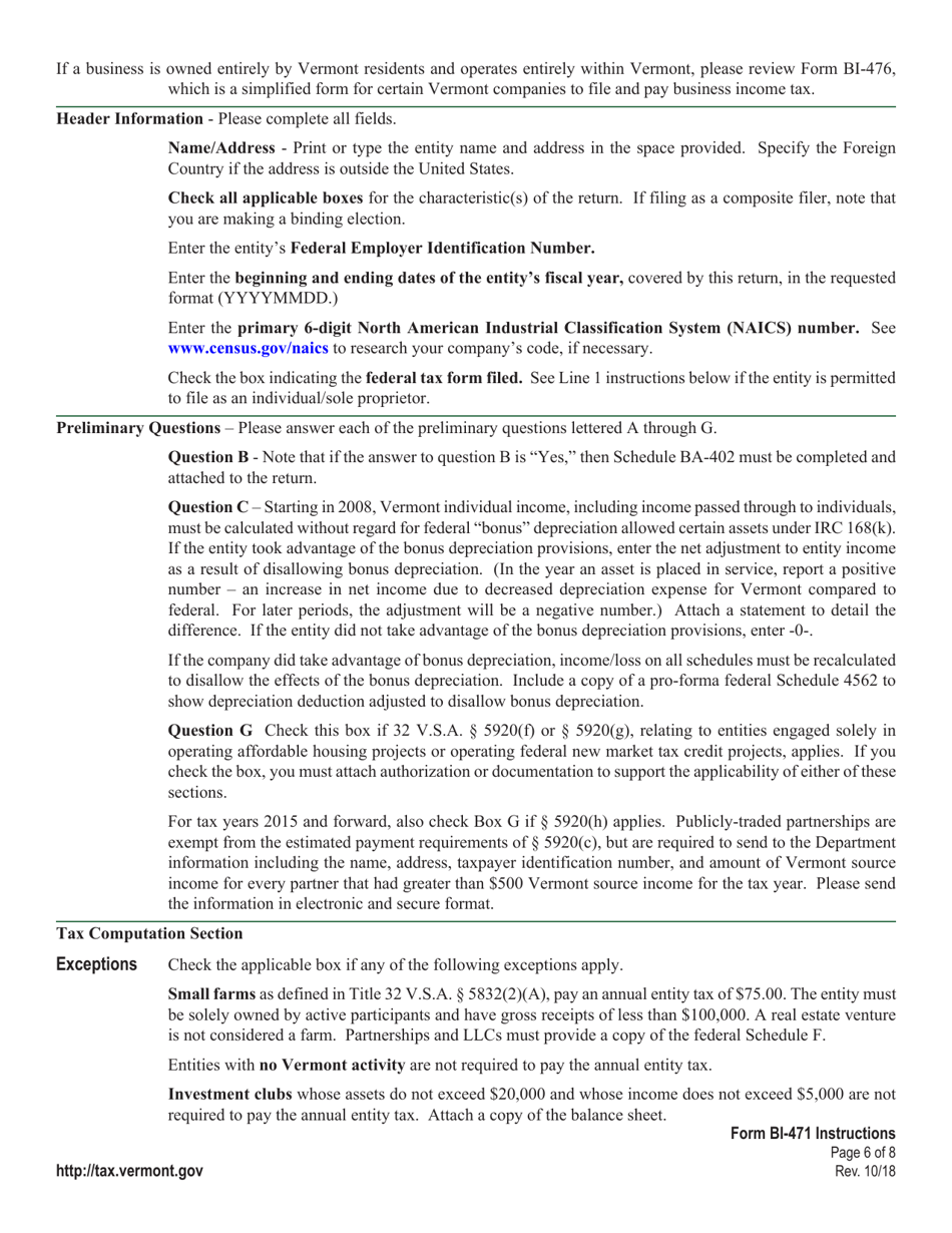 Instructions for VT Form BI-471 Business Income Tax Return - Vermont, Page 6