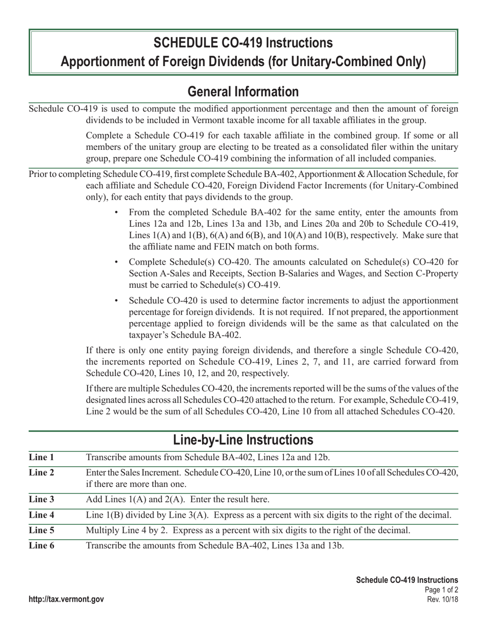 Instructions for Schedule CO-419 Apportionment of Foreign Dividends (For Unitary-Combined Only) - Vermont, Page 1