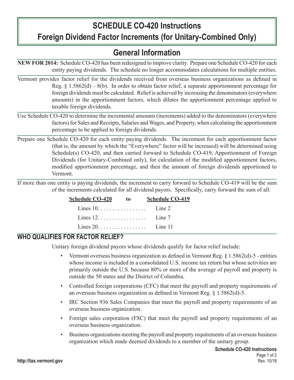 Instructions for Schedule CO-420 Foreign Dividend Factor Increments (For Unitary-Combined Only) - Vermont, Page 1