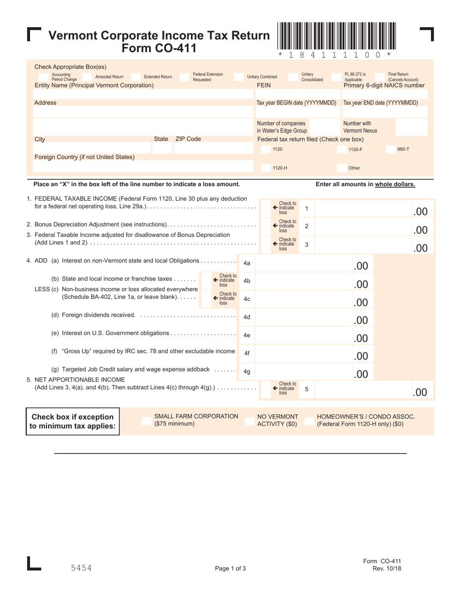 VT Form CO-411 Corporate Income Tax Return - Vermont, Page 1