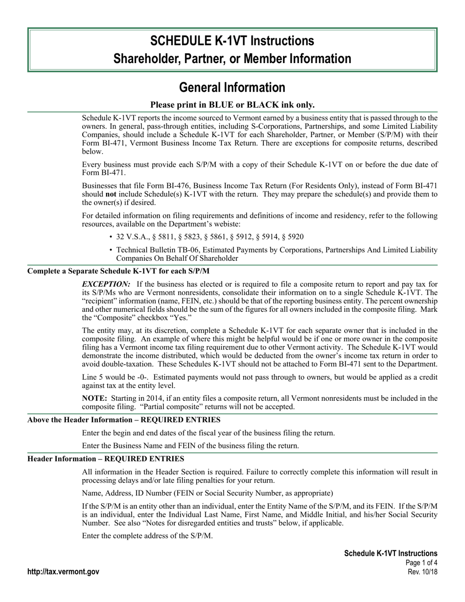Instructions for Schedule K-1VT Shareholder, Partner, or Member Information - Vermont, Page 1
