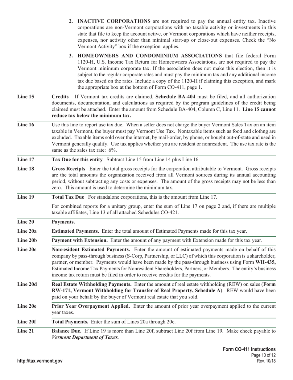 Instructions for VT Form CO-411 Corporate Income Tax Return - Vermont, Page 10