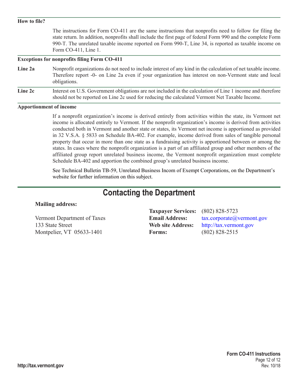 Instructions for VT Form CO-411 Corporate Income Tax Return - Vermont, Page 12