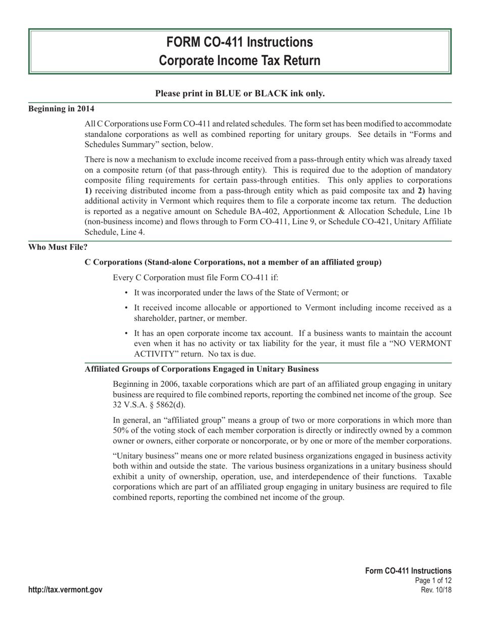Instructions for VT Form CO-411 Corporate Income Tax Return - Vermont, Page 1