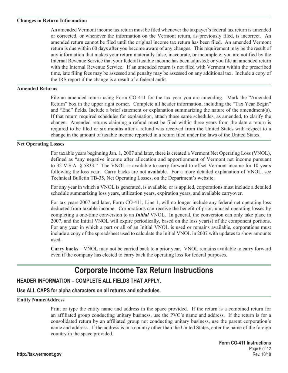 Instructions for VT Form CO-411 Corporate Income Tax Return - Vermont, Page 6