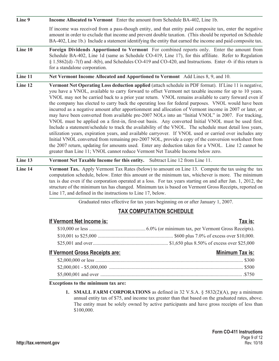 Instructions for VT Form CO-411 Corporate Income Tax Return - Vermont, Page 9