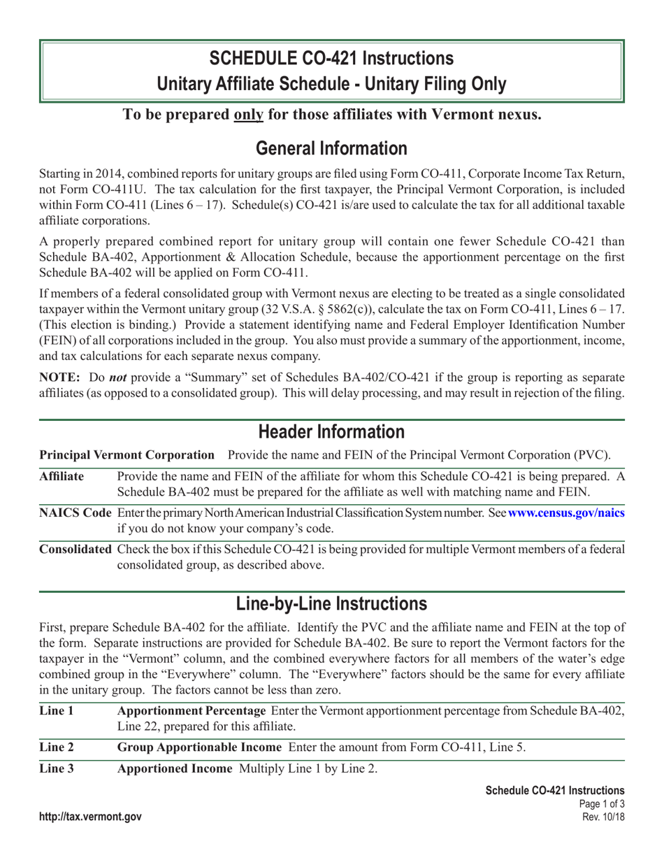 Instructions for Schedule CO-421 Unitary Affiliate Schedule - Unitary Filing Only - Vermont, Page 1