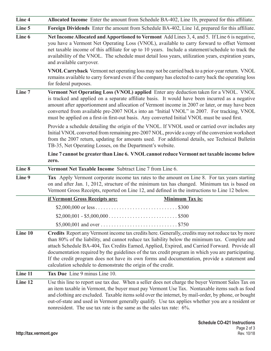 Instructions for Schedule CO-421 Unitary Affiliate Schedule - Unitary Filing Only - Vermont, Page 2