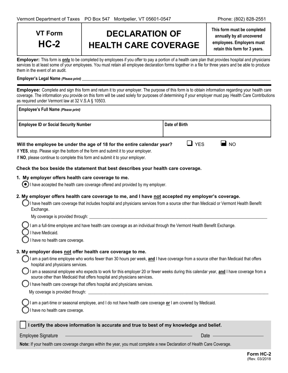 VT Form HC-2 Declaration of Health Care Coverage - Vermont, Page 1