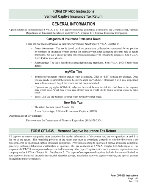 Instructions for VT Form CPT-635 Captive Insurance Tax Return - Vermont