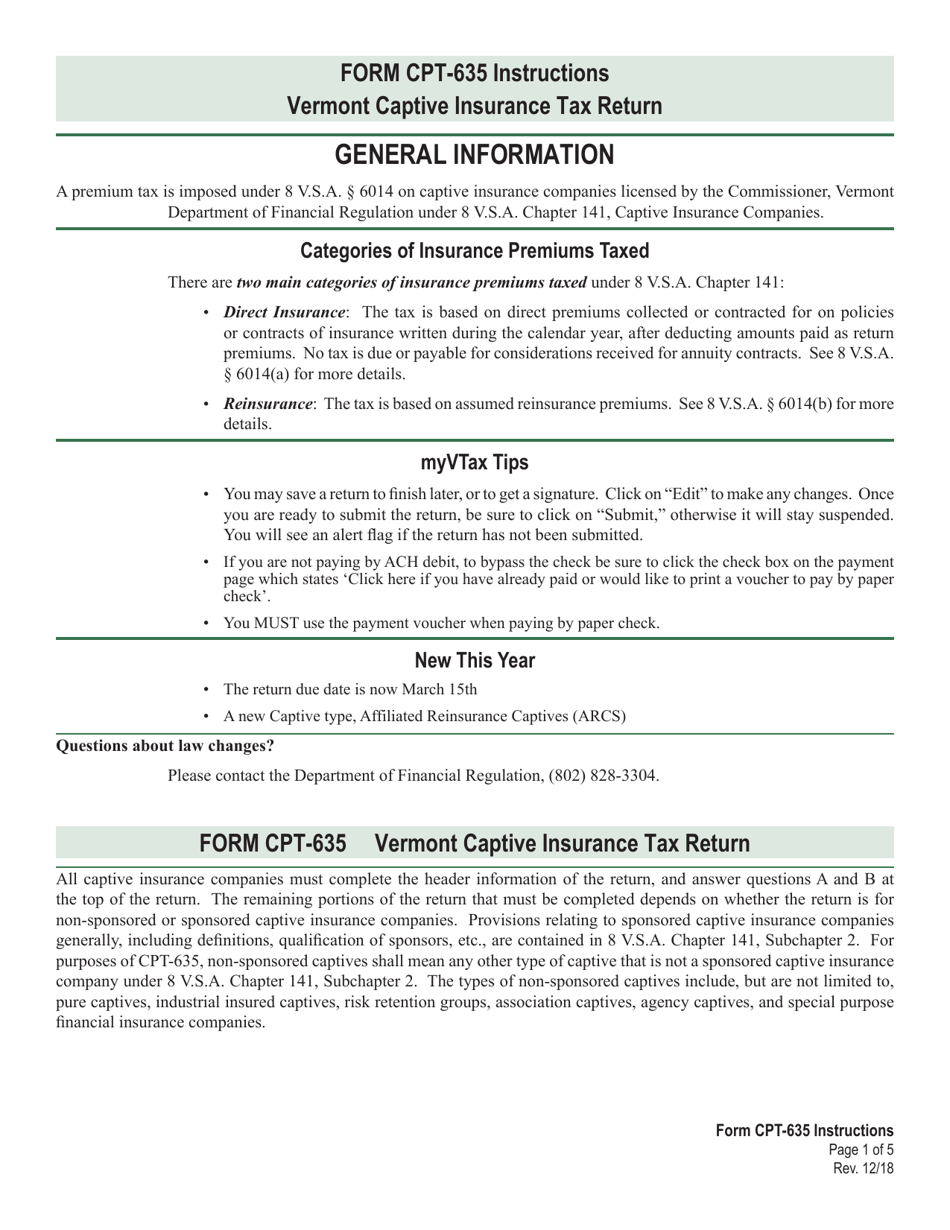 Instructions for VT Form CPT-635 Captive Insurance Tax Return - Vermont, Page 1