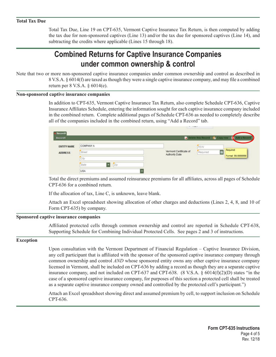 Instructions for VT Form CPT-635 Captive Insurance Tax Return - Vermont, Page 4