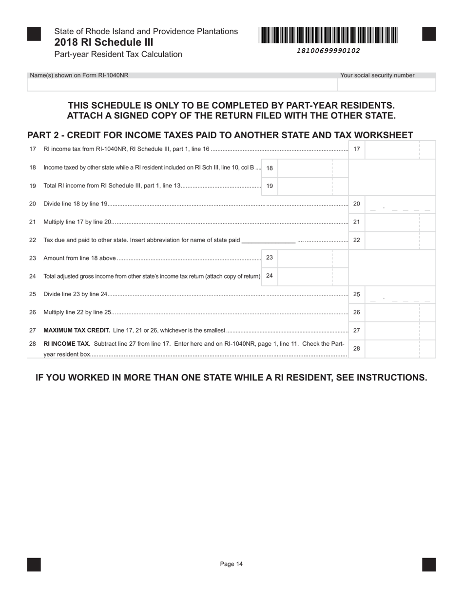 Schedule III Part-Year Resident Tax Calculation - Rhode Island, Page 2