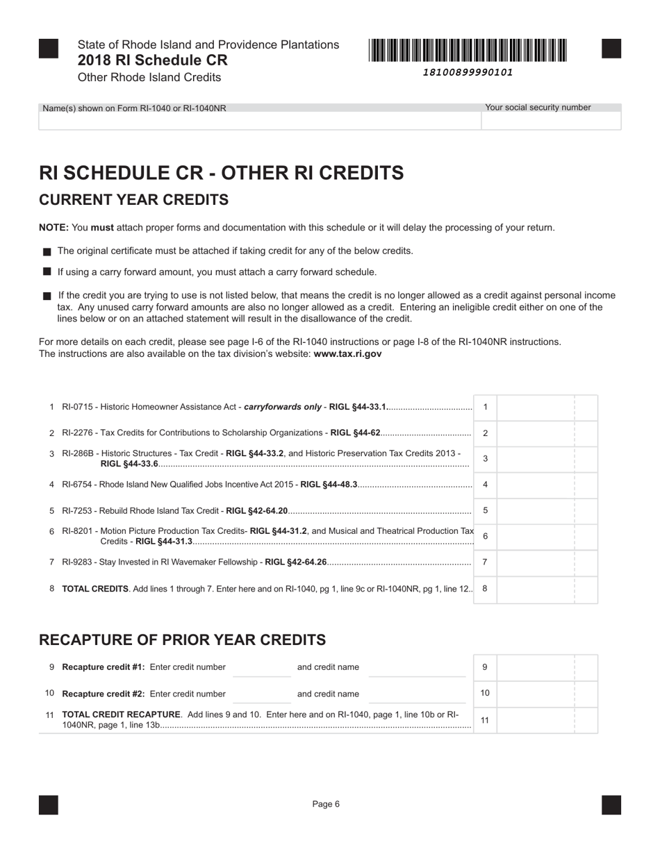 Schedule CR Other Ri Credits - Rhode Island, Page 1