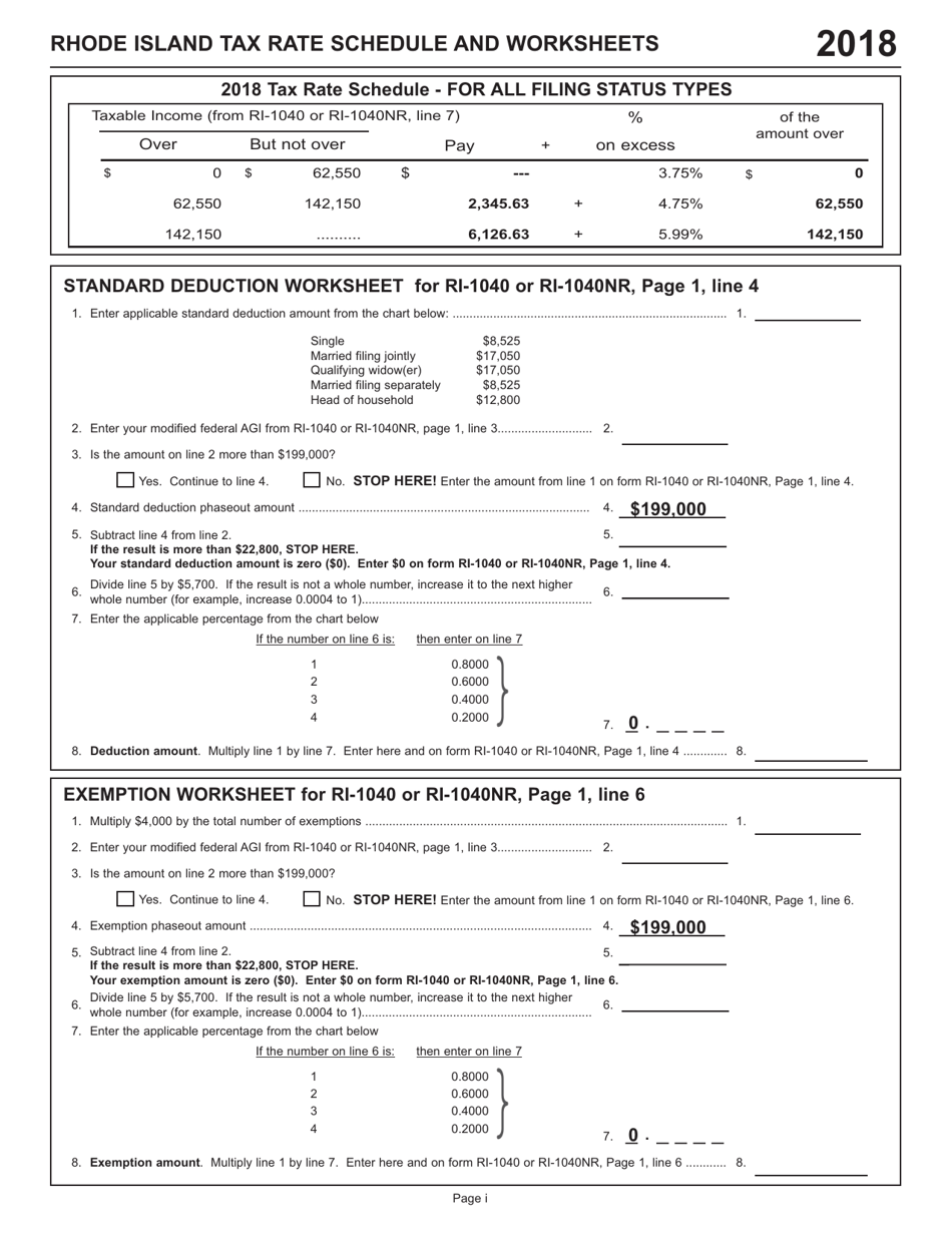 Tax Rate Schedule and Worksheets - Rhode Island, Page 1