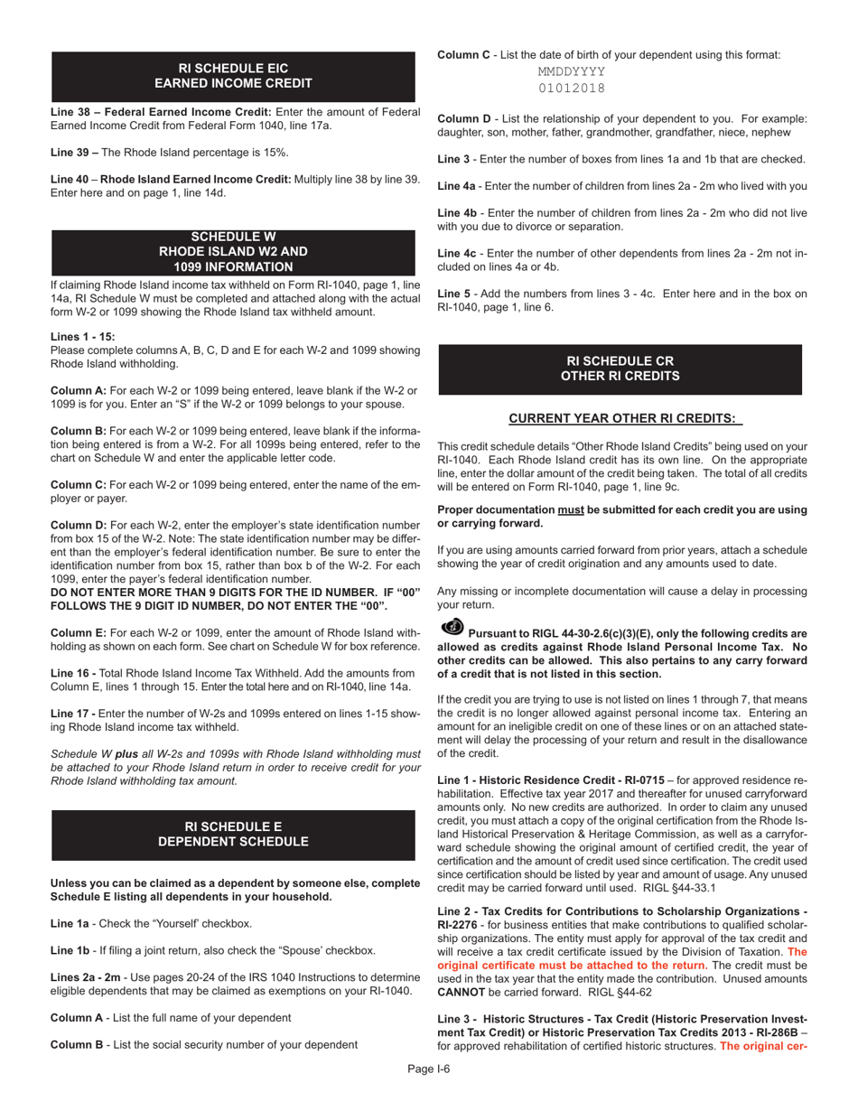 Instructions for Form RI-1040 Resident Individual Income Tax Return - Rhode Island, Page 6