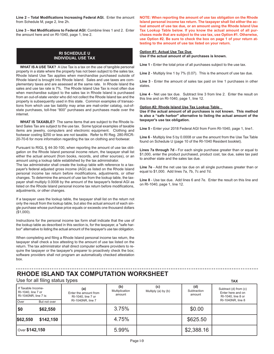 Instructions for Form RI-1040 Resident Individual Income Tax Return - Rhode Island, Page 9