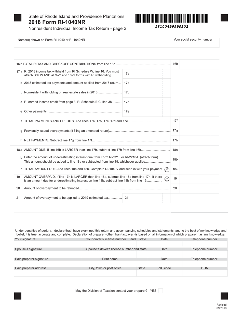 Form RI-1040NR - 2018 - Fill Out, Sign Online And Download Fillable PDF ...