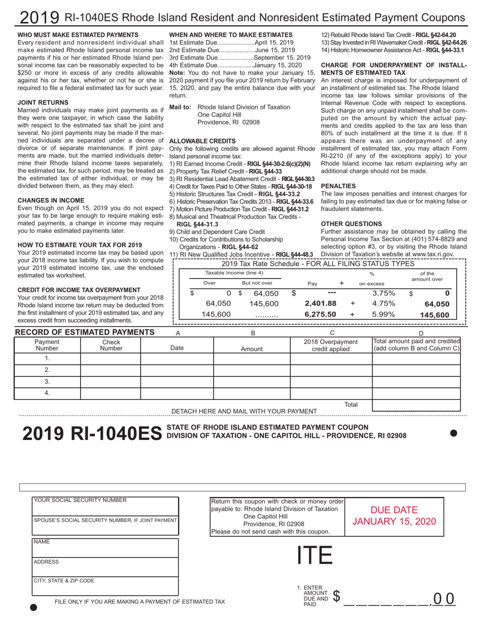Form RI-1040ES Resident and Nonresident Estimated Payment Coupon - Rhode Island, Page 1