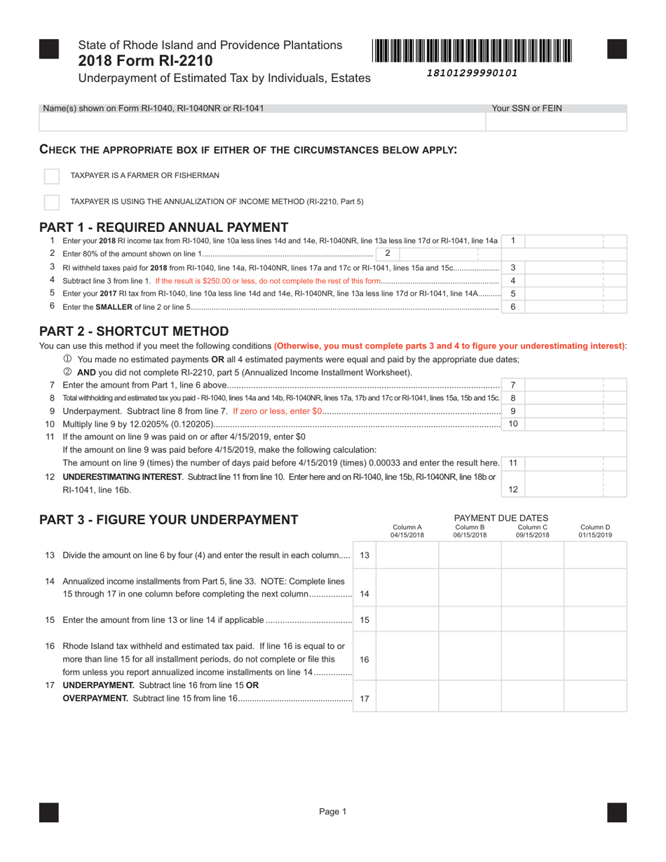 Form RI-2210 Underpayment of Estimated Tax by Individuals, Estates - Rhode Island, Page 1