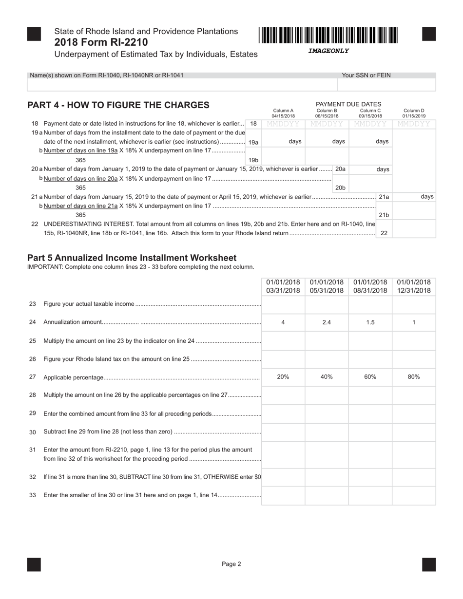 Form RI-2210 Underpayment of Estimated Tax by Individuals, Estates - Rhode Island, Page 2
