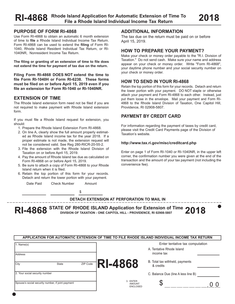 Form RI-4868 Application for Automatic Extension of Time to File a Rhode Island Individual Income Tax Return - Rhode Island, Page 1